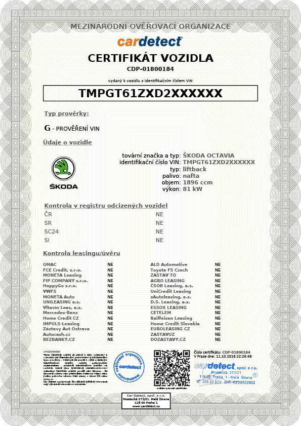 Ukázka certifikátu G